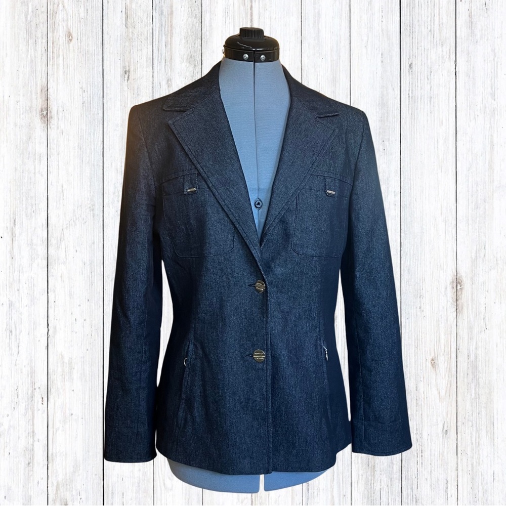Absolu Chambray Black Blazer Equestrian Fit Tiger Print Liner Stretch Medium 3